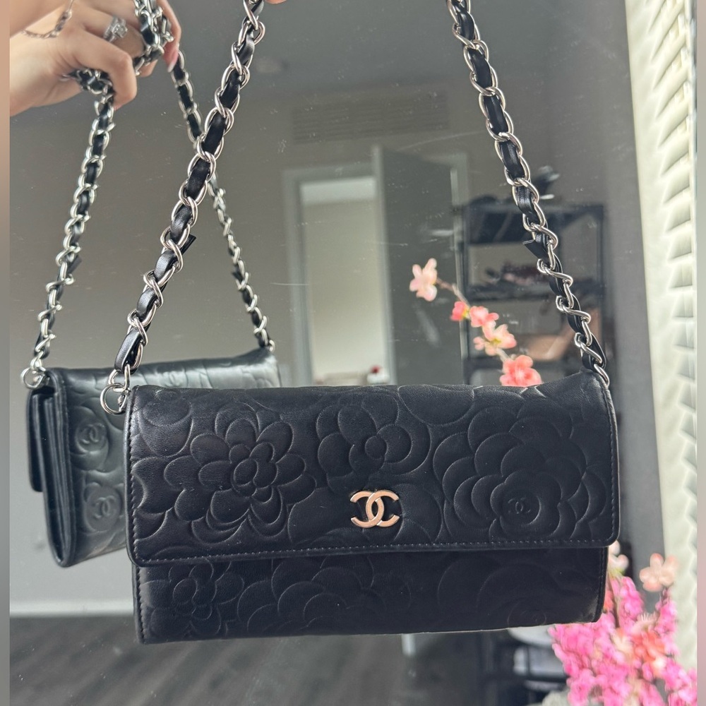 Authentic CHANEL Lambskin Camellia Embossed Wallet On Chain Crossbody Bag